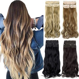 Clip in Hair Extensions 3Pcs 8Clips Curly Wavy Thick Full Head Double Weft Clip on Synthetic Hair Extension Wavy Hairpieces for Women (24" Dark Brown Mix Light Auburn)