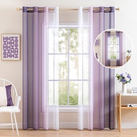 MIULEE Set of 2 Voile Curtains, Two-Tone Curtain with Eyelets, Transparent Curtain, Eyelet Curtain, Translucent Window Scarf for Bedroom 140 x 215 cm, White Purple