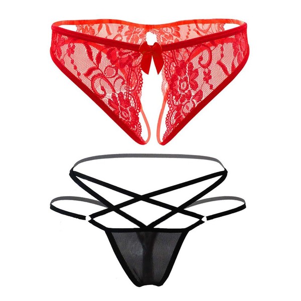 women's black charming thong lingerie lace G-string T-back panties strappy body harness panties (Floral-Red, Medium)