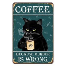 Metal Wall Decor, Garden Sign, Gift Street Sign – Funny Black Cat Prefers Coffee Vintage Metal Sign, Café Bar Pub Home Decor, 8x12 Inch
