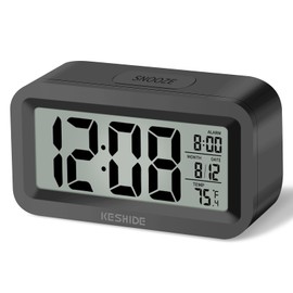 KESHIDE Travel Digital Alarm Clock Battery Operated with Indoor Temperature, Desk Small Clock,Snooze Model,12/24H Display for Bedrooms Heavy Sleepers Kids Travel Bathroom (Black)