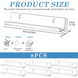 PRITOK Acrylic Vinyl Record Shelf: 8 Pack 12 Inch Acrylic Shelves, Clear Acrylic Floating Shelve, Wall Mounted Acrylic Shelves, Acrylic Record Album Holder Shelve for Album Record Storage and Display