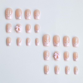 24Pcs Christmas Press on Nails Short Square Pink French Tip Fake Nails Glitter with Pink Bow Design Full Cover Acrylic Tip Glue on Nails Winter Artificial Snowflake False Nails for Women Manicure