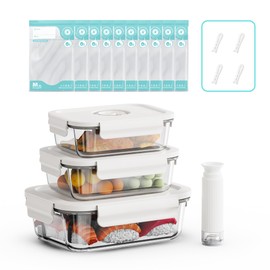 Domsanistor Vacuum Seal Glass Food Storage Containers, 3pcs Containers with 10pcs Sous Vide Bags/ 1pc Manual Pump, Meal Prep Container with Airtight Locking Lids for Lunch, Long-Lasting Freshness