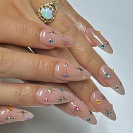 MISUD Press on Nails - Medium Almond Glue on Nails with Rhinestone, Acrylic Nude Design 24 pcs