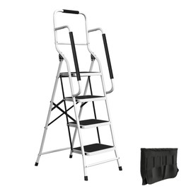 4 Step Ladder Folding Step Stool Ladder for Adults with Handrails and Tool Bag - 330lb Capacity Nonslip Steel Frame Stepping Stool - Foldable Ladders for Home Repair, Kitchen or Bedroom by Stalwart