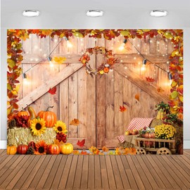 CHAIYA 7x5ft Thanksgiving Photography Backdrop Autumn Harvest Backdrop Thanksgiving Barn Door Backdrop Pumpkin Maple Leaves Sunflower Haystack Party Supplies Banner