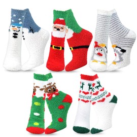 Christmas Slipper Socks Gift Santa Polarbear Reindeer Snowman Penguin Comfy Fuzzy Crew Slipper Socks 5-Pair (Christmas)