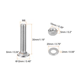 sourcing map M6x30mm Square Neck Carriage Bolts with Nuts & Washers, 12Set 304 Stainless Steel Round Head Square Neck Coach Bolt Screws, Silver Tone