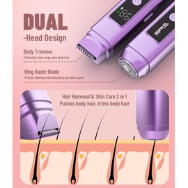 Electric Bikini Trimmer for Women: Razor & Shaver with Dual Heads for Body Pubic Hair, IPX7 Waterproof with LED Display - Rechargeable Lady Trimmer for Underarm Body Leg Face - Violet