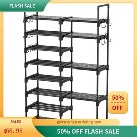 Shoe Rack Organizer, 8-Tier Metal Shoe Rack for Closet Entryway Garage, 26-32 Pairs Tall Shoe Boot Storage Shelf with 15 Hooks, Stackable Large Shoe Stand - Color: White