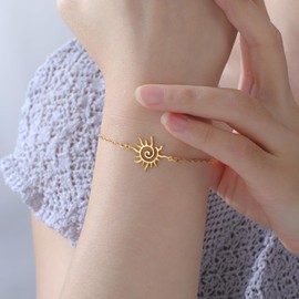 Minimalist Spiral Sun Charm Stainless Steel Bracelet for Women Men Statement Stylish Hollow Sunshine Sunburst Adjustable Link Chain Bangle Boho Summer Holiday Fashion Simple Jewelry Birthday Gifts (Gold)