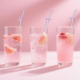 8Pcs Pink Bow Glass Straws - 9"x 8mm Reusable Glass Straw with Charms, Cute Drinking Straw for Ice/Hot Beverages, Pink Coquette Party Decorations Supplies Gifts