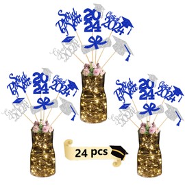Blue and Silver Graduation Centerpiece Sticks 2024 with LED String Lights, Graduation Party Centerpieces for Tables 2024 Blue and Silver Class of 2024 Graduation Table Centerpieces Decorations - 24Pcs