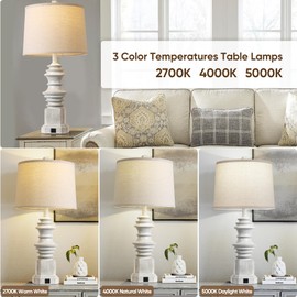 QiMH Table Lamps for Nightstand Set of 2, Bedside Lamp with USB A+C Charging Ports, Farmhouse Table Lamps with White Fabric Lampshade, Lamps for Living Room and Bedroom with 3 Color Modes Bulbs, Grey