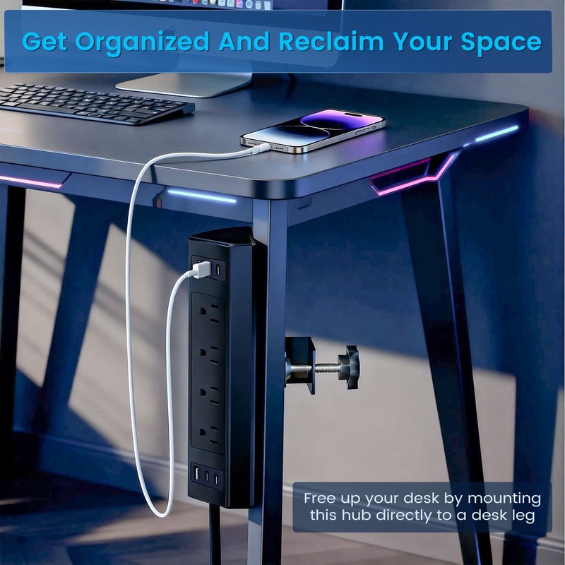 Desk Clamp Power Strip with 40W Total Fast Charging Station,