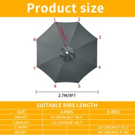 Neween 9ft Patio Umbrella Replacement Canopy Market Yard Umbrella Top Water-Resistant Outdoor Parasol Canopy with 8 Ribs (Gray)