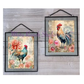 Set of 2 Boho Floral Chickens Roosters UNFRAMED Art Prints Farmhouse Kitchen 1