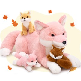 BENINY 4Pcs Fox Stuffed Animal Set, Large Mommy Pink Fox Plush 22 Inch with 3 Baby Foxes in Her Zippered Tummy, Stuffed Fox Plushie Toy for Girls and Kids