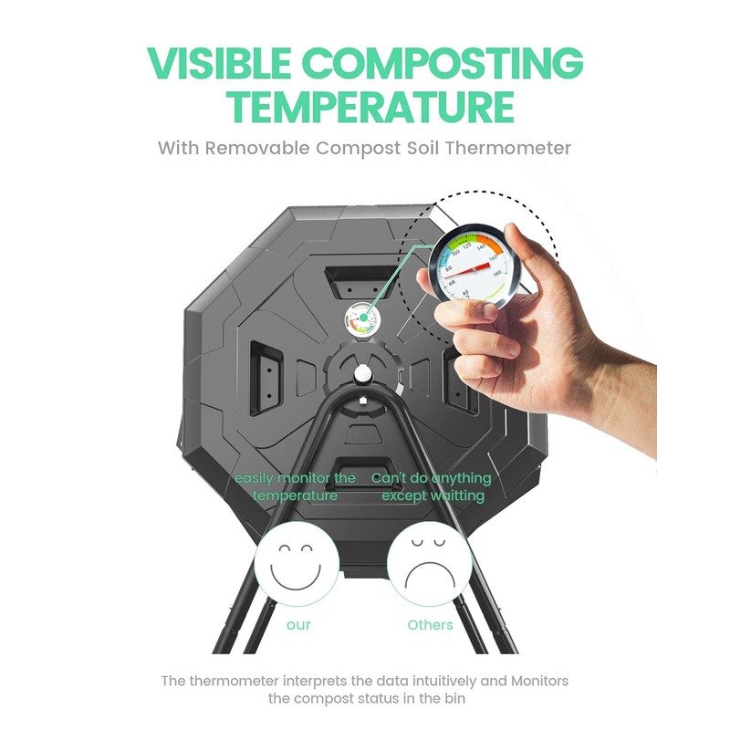 2021 Upgraded Tumbling Composter with Compost Thermometer - Dual Chamber