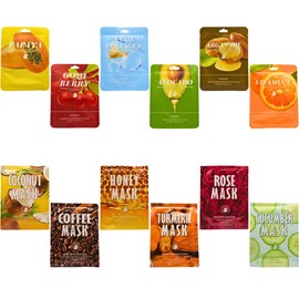 Kit de 12 Mascarillas faciales coreanas surtidas - Tropicales - Miel, cafe, curucma, bya goji y mas.