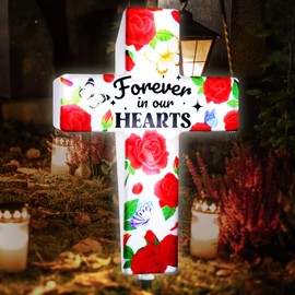 Solar Cross Grave Lights Women Grave Decorations with Red Rose Flowers Waterproof Memorial Cross Stake Solar Powered Light Outdoor Yard Patio Sympathy Gifts for Loss of Loved One