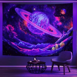 Leofanger Blacklight Tapestry UV Reactive Planet Tapestry Galaxy Space Tapestry Trippy Mountain Tapestry Starry Sky Tapestry Wall Hanging for Home Decor(59.1"x78.7")