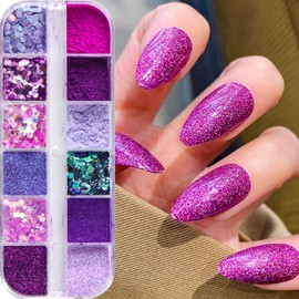 12 Grid Purple Nail Powder Iridescent Glitter Nail Art Sequins Sugar Shiny Effect Candy Glitter Flakes for Women Manicure Charms Nail Art Sequins Decoration Acrylic Nail Supplies