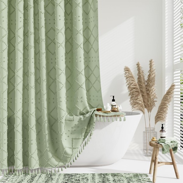 Dynamene Dynamene 80 Inches Long Shower Curtain, Boho Tufted Geometric
