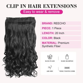 REECHO 20" 1-Pack 3/4 Full Head Curly Wave Clips in on Synthetic Hair Extensions HE008 Hairpieces for Women 5 Clips 4.5 Oz per Piece - Natural Black