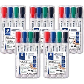 Staedtler Lumocolor 351 WP4 Whiteboard Marker Bullet Tip Approx. 2 mm Line Width, Set of 4 Colours (Set of 4 Marker Set | 5 Pieces, Assorted Colours)