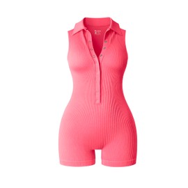 OQQ Women Yoga Rompers Ribbed V Neck Sleeveless Stretch Tummy Control Exercise Rompers Fluorescent pink A