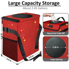 BAOGCOYO Car Trash Can for Car, Cute Mini Car Trash Bag with Lid, Hanging, Waterproof, Leakproof, Easy to Install, 2.5 Gallon Capacity, Red Bling Sparkly