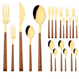 BRIIEC Korean Style Wood Flatware Stainless Steel Fork/Spoon/Knife/Teaspoon with Wooden Square Handle Cutlery Set of 4 Dinnerware for Home, Kitchen, Restaurant, Gift - Gold
