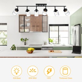 Yaohong Track Lighting Fixtures Ceiling, 6 Light Black Kitchen Ceiling Light Fixtures with Clear Glass, Modern Ceiling Mount Bathroom Vanity Track Lighting Fixtures, Rotatable Spotlight for Kitchen
