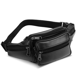 Black Leather Bum Bag Money Belt Bag for Women Men Bumbags Waist Fanny Pack Adjustable Belt Money Phone Belt for Walking Travel