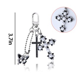 Y2K Butterfly Beaded Pearl Cross Keychain Handbag Charm Black Aesthetic Goth Gothic Bag Backpack Accessories Earphone Cellphone Purse Charms Pearl Beads Rhinestone Cross Charm Key Chain