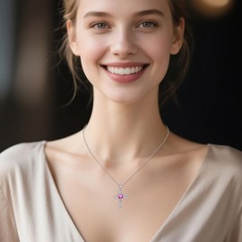 VONALA Cross Necklaces 925 Sterling Silver October Tourmaline Birthstone Heart Cross Pendant Necklace Religious Christian Baptism Jewelry First Communion Day Gifts for Women