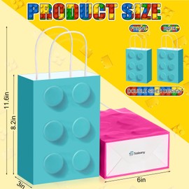 Sabary 48 Pieces Building Block Party Favor Gift Bags, 8 colors Bricks Candy Treat Paper Bags, Building Block Gift Goodie Bags with Handle for Birthday Party Baby Shower Decoration Supplies