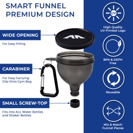 Protein Powder Funnel Set - Sleek Water Bottle Funnel for Powder Supplement with Cleaning Brush & Carabiners - No-Mess, Portable Protein Powder Container to Go for Workout, Fitness, Travel - 4 Pack