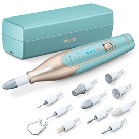 Beurer MP 84 Maniküre-/Pediküreset, elektrische Nagelfeile mit Akku, 10 Aufsätze, LED-Licht, inkl. Aufbewahrungsetui, bis zu 4400 U/min, Nagelset zur Hand- und Fußpflege, Türkis