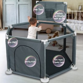 Baby Playpen, 50x50 Inch Playpen for Babies and Toddlers, Small Baby Play Yard, Indoor Outdoor Safety Activity Center Play Pen with Breathable Mesh and Basketball Hoop, Grey (Ball Not Included)