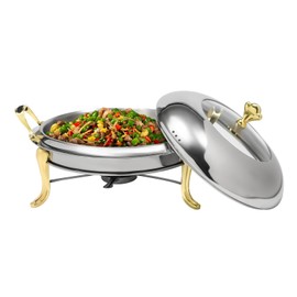 Round Chafing Dish, 3QT Thickened Stainless Steel Food Warmer, Buffet Warmers Sets, Catering Buffet Servers with Lid Holder Glass Viewing Lid Hot Plate for Weddings Events Banquet Party (Gold, 26cm)
