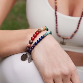 Farfume Chakra Bracelets for Women - Crystals Bracelet Women Natural Gemstones Yoga Reiki Bangle- A Set of Double Bracelets（Chakra Chakras Bracelet & LifeTree（Medium）