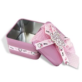 Allgala 12-PK Party Favor Container Square Tin Box, Baby Shower Pink with Bows and Stroller Decoration