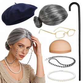 Tiwindx Old Lady Costume Outfit for Women Grandma Granny Wig Accessories Set for Old Women Halloween Cosplay