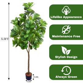 Fiddle Leaf Fig Tree Artificial 5.5ft, Fake Ficus Lyrata Plants with 162 Fiddle Leaves, Faux Fig Trees Floor Plant Potted for Home Office Living Room Decor Indoor Outdoor