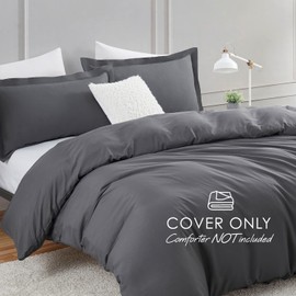 Hearth & Harbor 3Pc Dark Grey Duvet Cover Set, Full Size, Soft Brushed Microfiber, 1 Duvet Cover 80x90in, 2 Pillow Shams, Button Closure