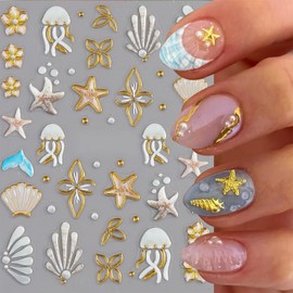 5D Embossed Ocean Nail Art Stickers Self-Adhesive Hibicus Flower Nail Decals Cute Shell Starfish Nails Design Summer Hawaii Flower Nails Supplies Jellyfish Sticker Beach Decor for Women Manicure DIY