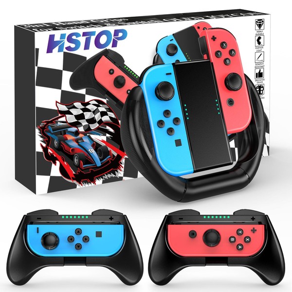 HSTOP Grip for Nintendo Switch/Switch OLED Joy-Con,3 in1 Switch Controller Racing Wheels Handle Case Accessories for Nintendo Switch/Switch OLED Joy Con,Black